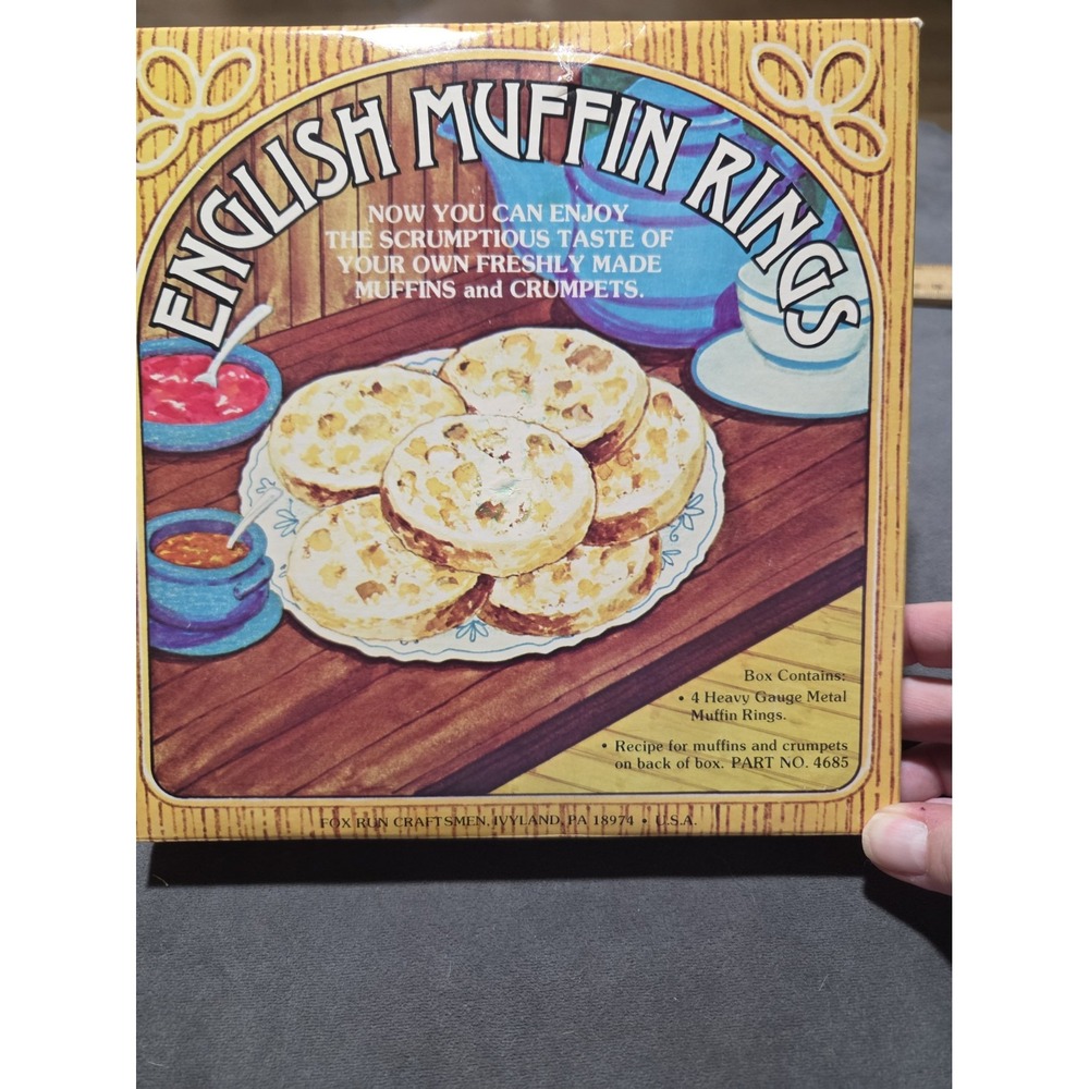 Vintage Fox Run English Muffin Rings Set 4 Metal Crumpet Molds Box Recipe